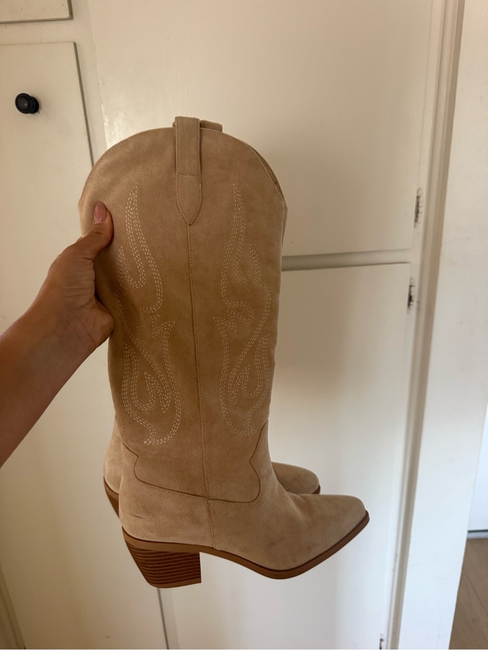 Suede Western Knee-High Boots in Beige